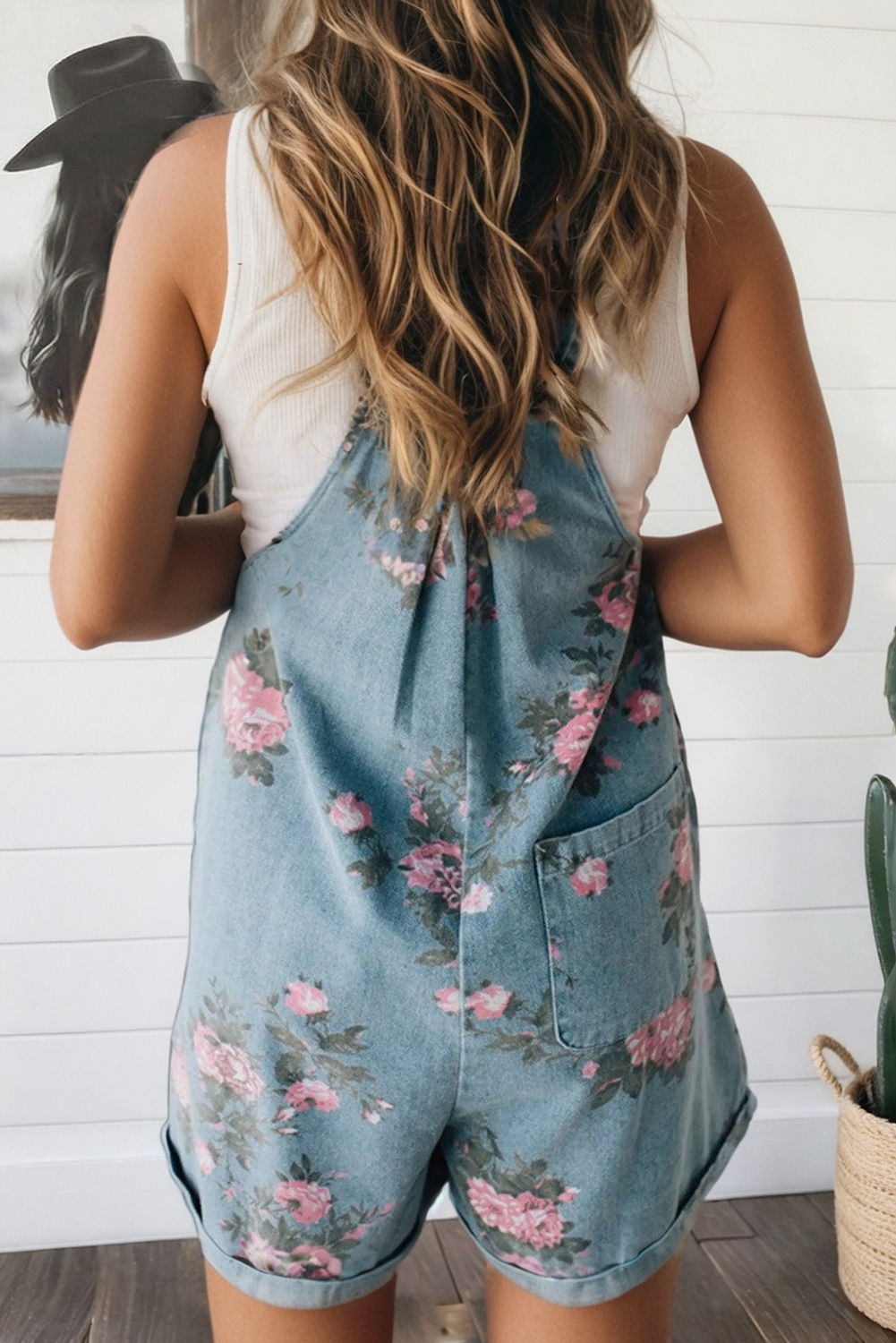Floral Print Denim Shortalls