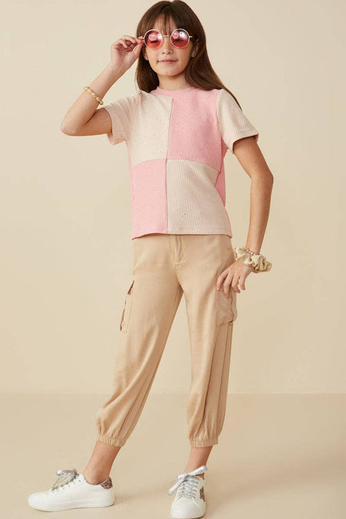 Contrast Panel Jewel Studded Rib Knit Tee