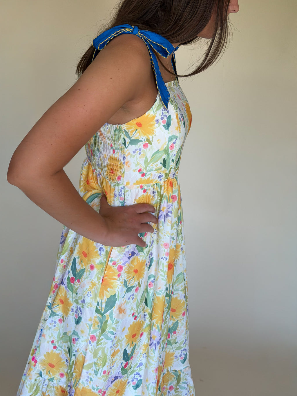 Floral Stitched Denim Strapped Maxi
