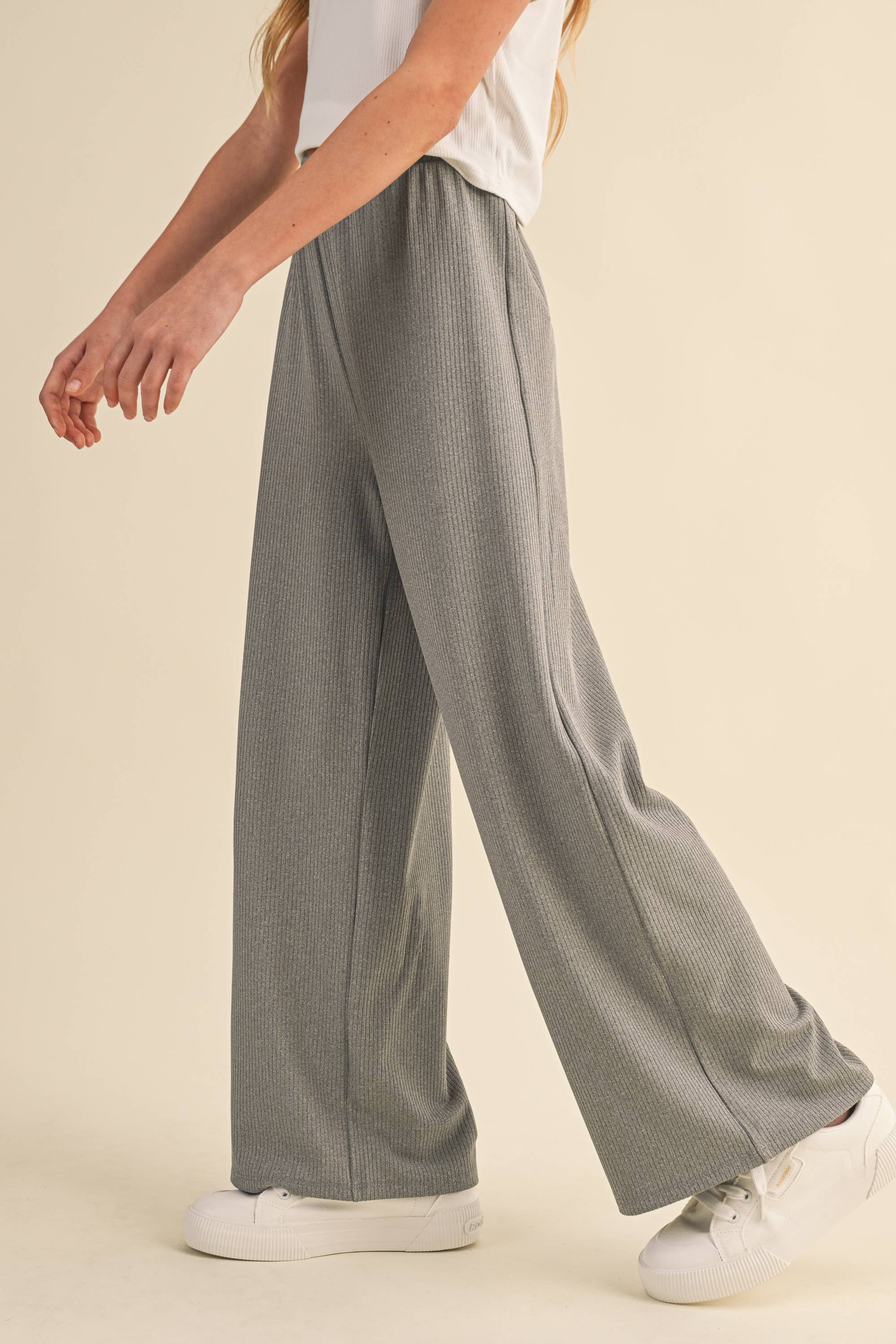 Wide Leg Pull On Rib Knit Pants