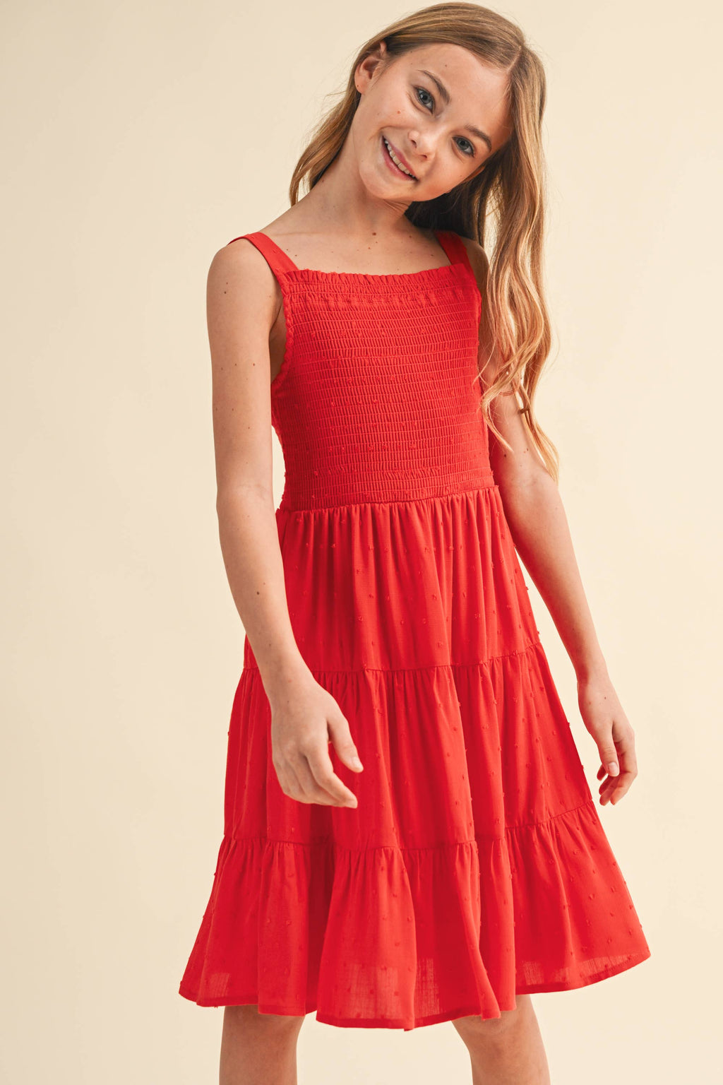 Red Smocked Tiered Dress