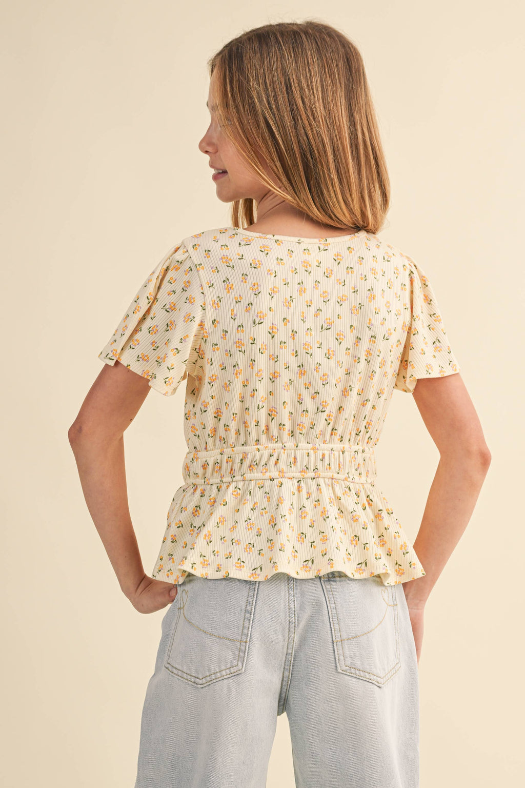 Round Neck Flutter Sleeve Peplum Top