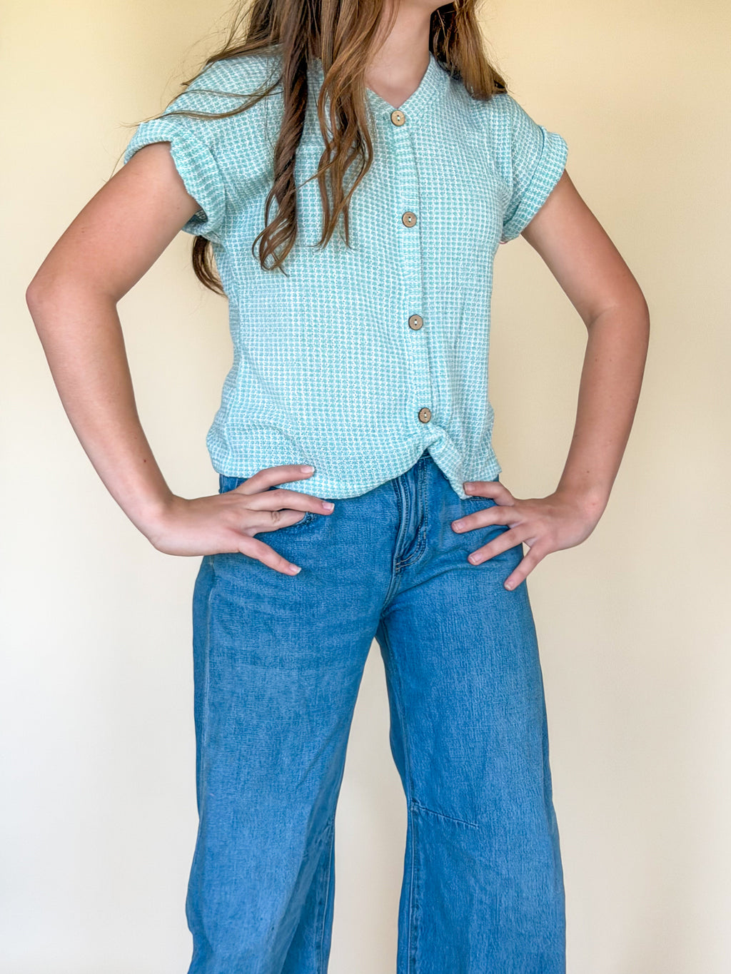 Textured Knit Buttoned Twist Front Top