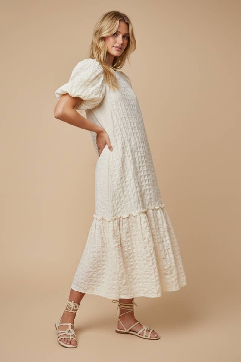 Cream Puff-Sleeve Midi Dress