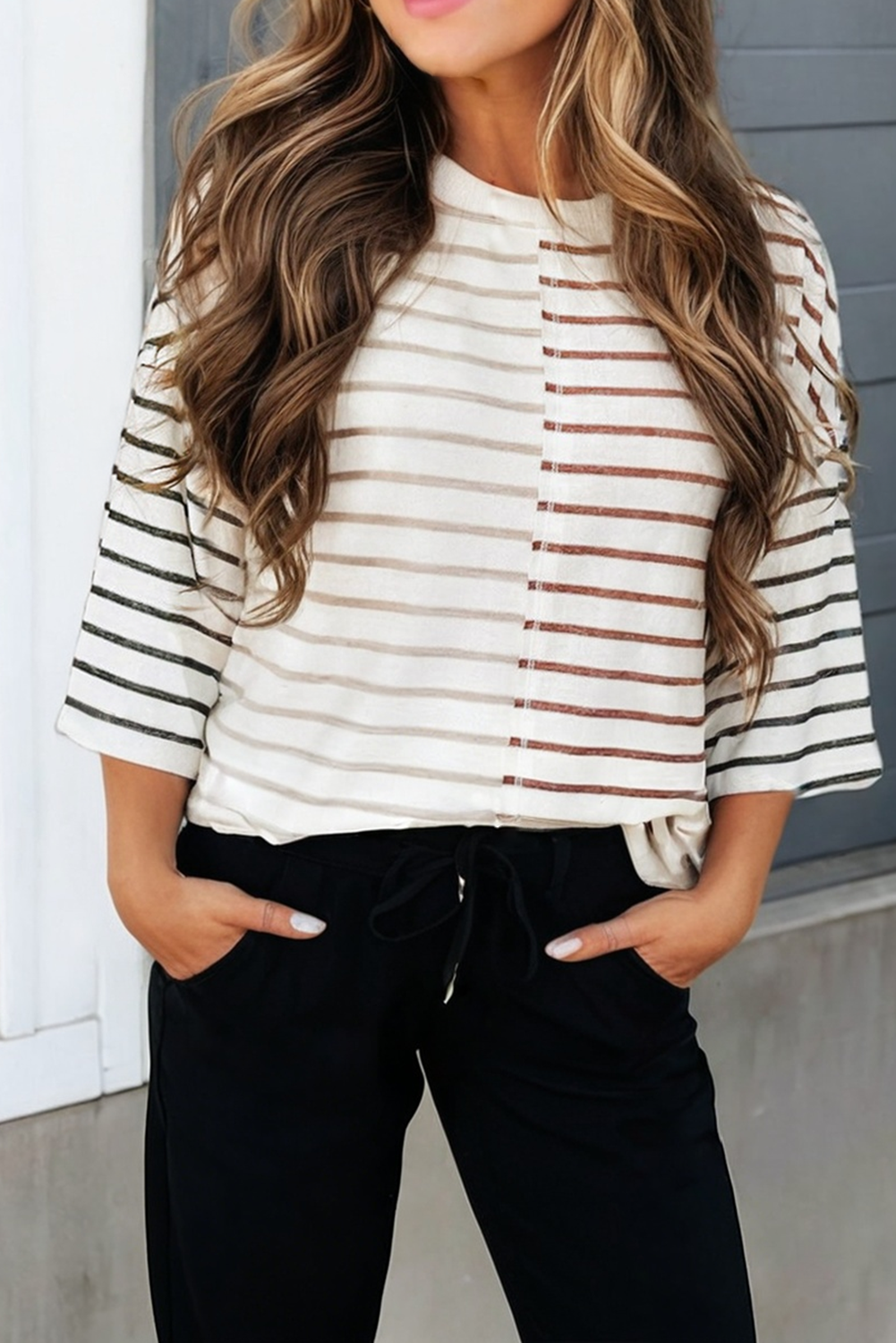 Colorblock 3/4 Sleeve Loose T Shirt