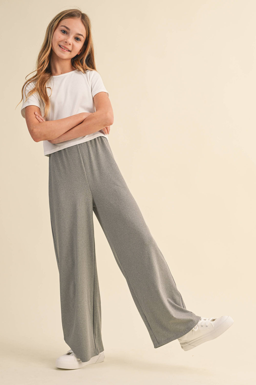 Wide Leg Pull On Rib Knit Pants