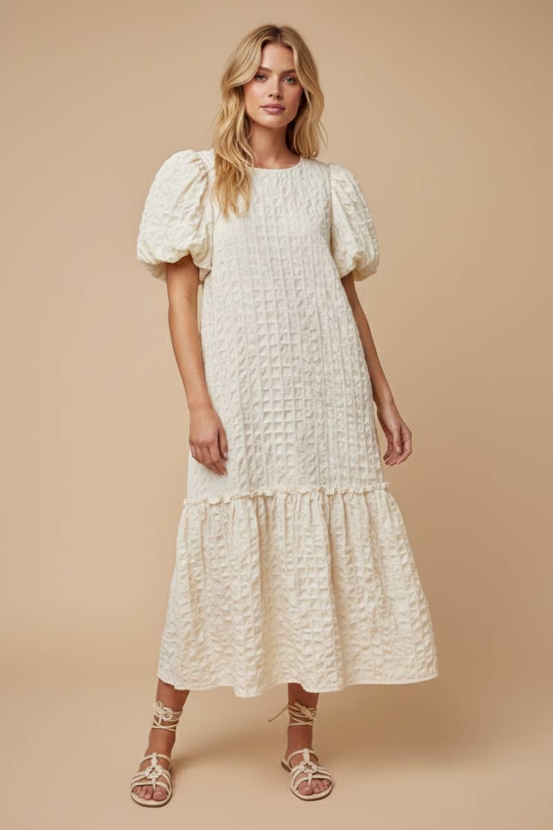 Cream Puff-Sleeve Midi Dress