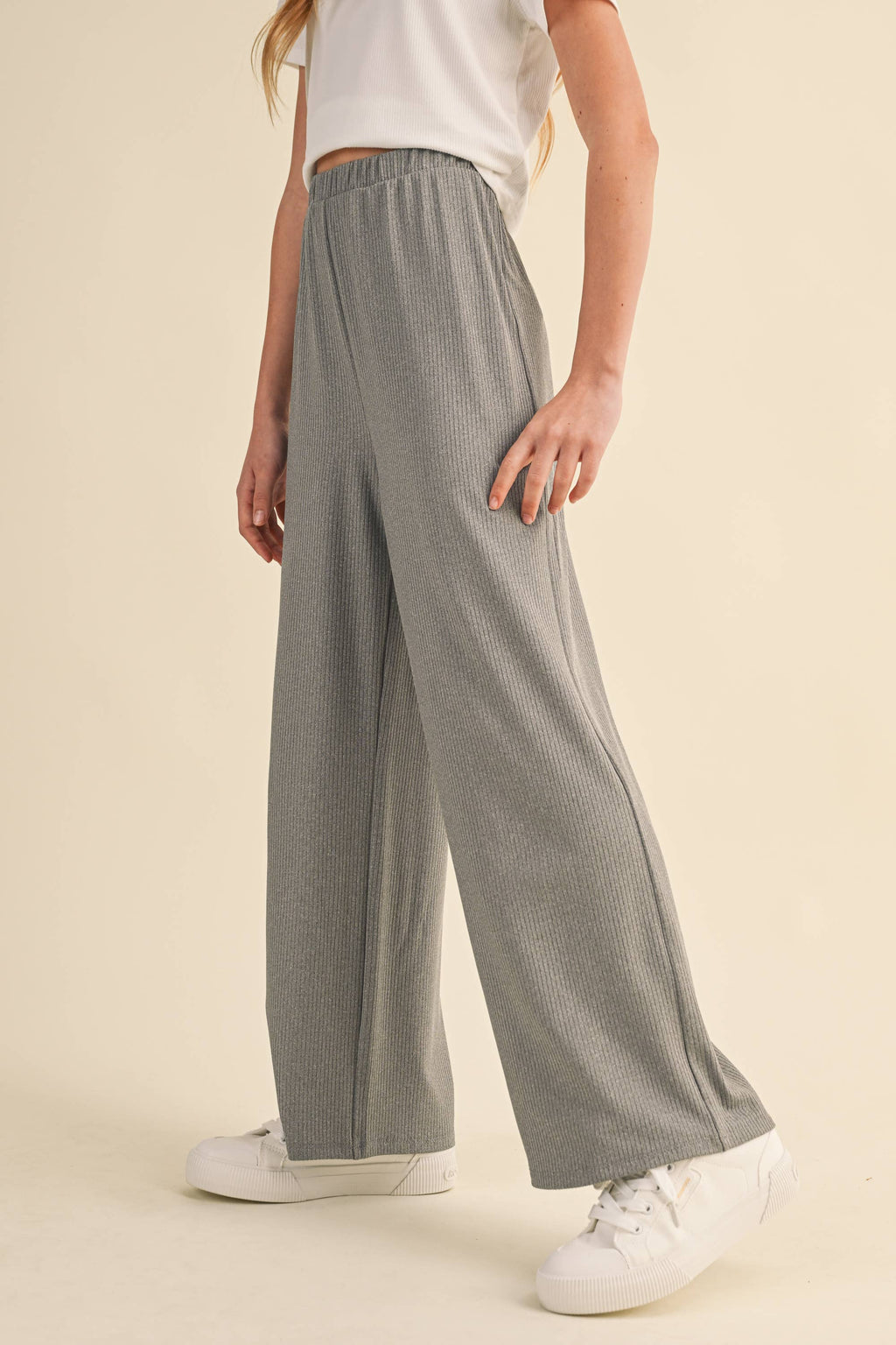 Wide Leg Pull On Rib Knit Pants