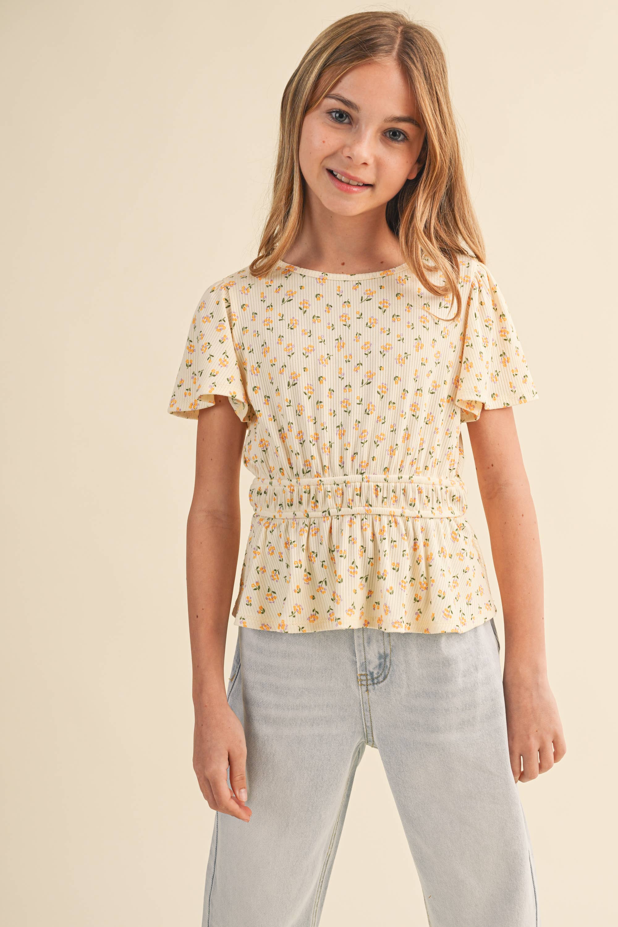 Round Neck Flutter Sleeve Peplum Top